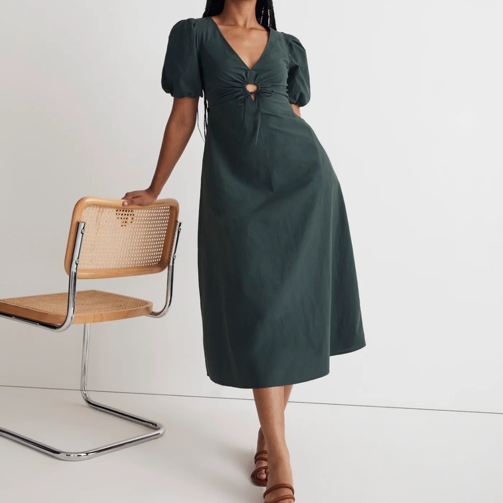 Madewell Dark Green Poplin Cutout Midi Dress with Puff Sleeves Size 8